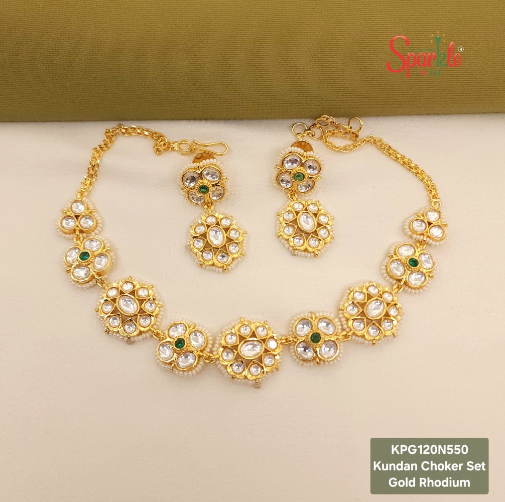 Fine Kundan Choker Set with semiprecious stones in 24 carat gold plating