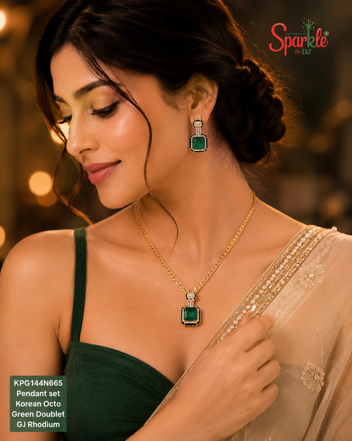Cz Pendant Set embellished with semiprecious stones with Mina Border
