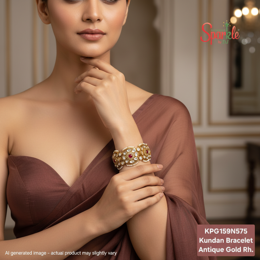 Kundan bracelet with pearl scalloping in hena rhodium