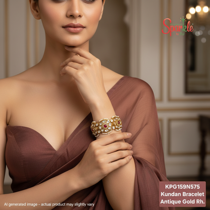 Kundan bracelet with pearl scalloping in hena rhodium