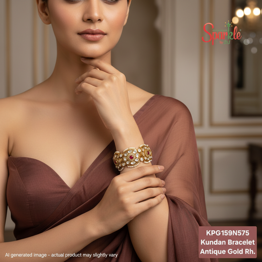 Kundan bracelet with pearl scalloping in hena rhodium