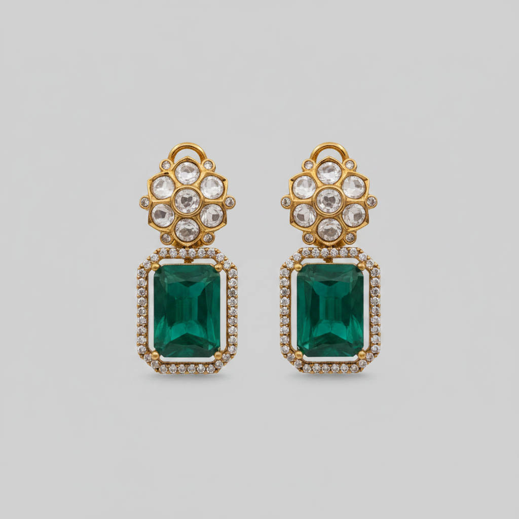 Kundan earrings with octagonal semiprecious stones
