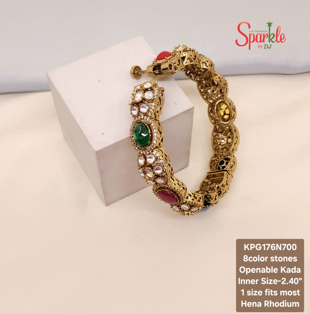 Kundan & Oval Navratan Kada (openable bracelet style)