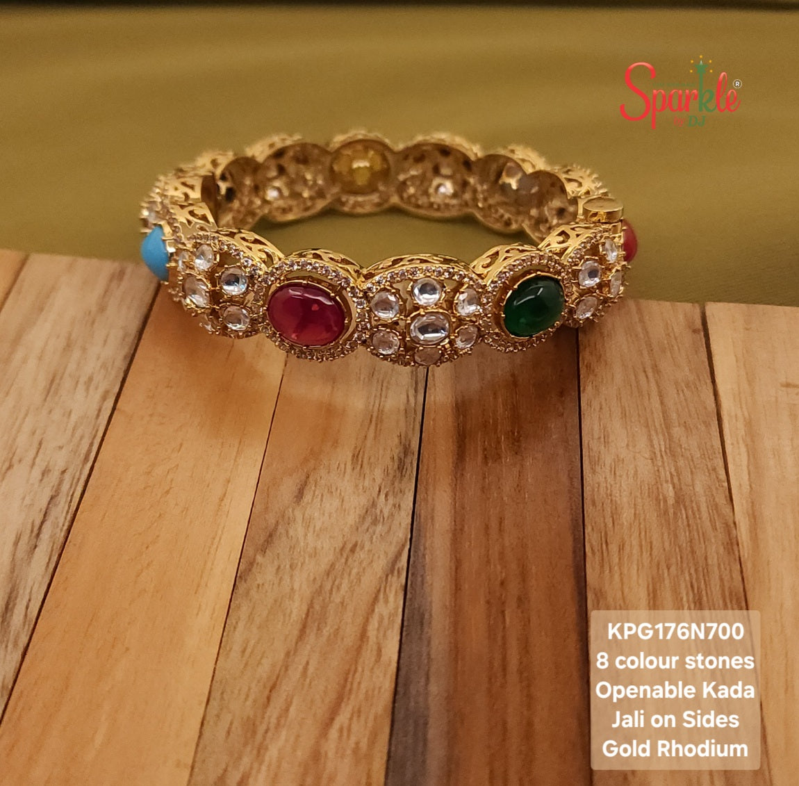 Kundan & Oval Navratan Kada (openable bracelet style)