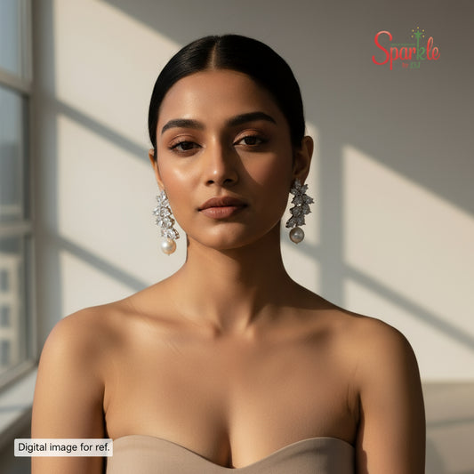 CZ Earrings with round Pearl drop - SparklebyDJ