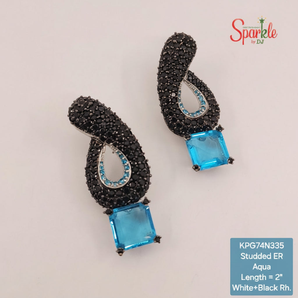 Pair of black and aqua earrings on a light gray background with 'Sparkle' branding.