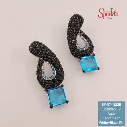 Pair of black and aqua earrings on a light gray background with 'Sparkle' branding.