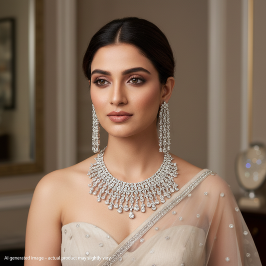 Woman wearing a sparkling necklace and earrings in an elegant setting