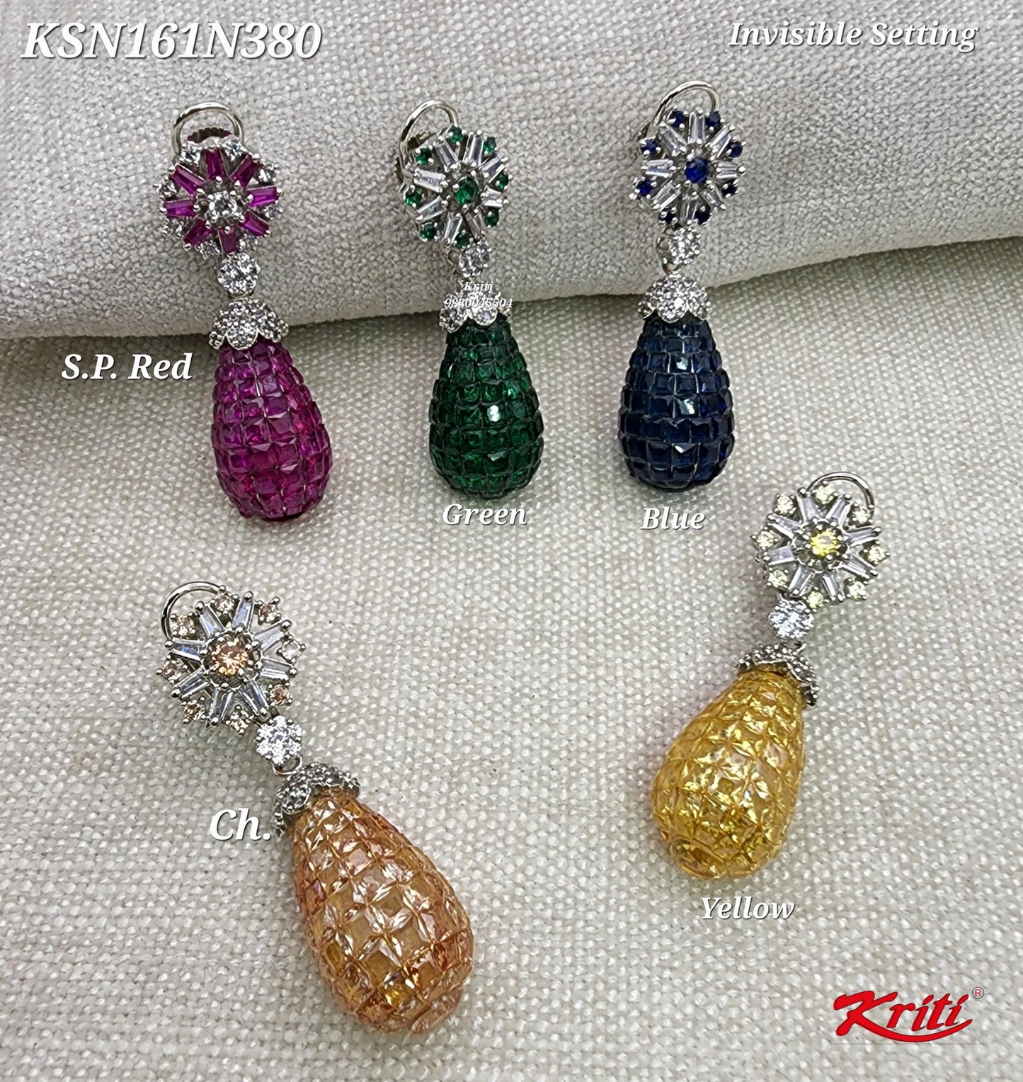 Cubic Zirconia Drop Earrings with semiprecious stones in invisible setting