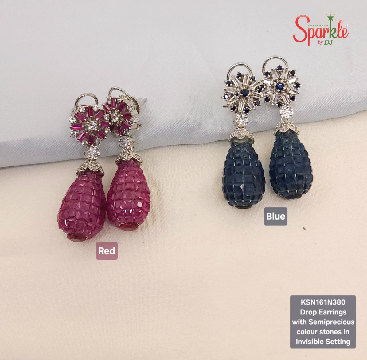 Cz Drop Earrings with semiprecious stones in invisible setting