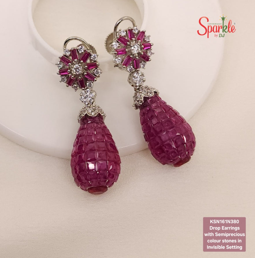 Cz Drop Earrings with semiprecious stones in invisible setting