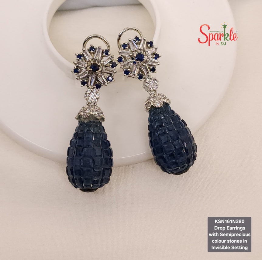 Cz Drop Earrings with semiprecious stones in invisible setting