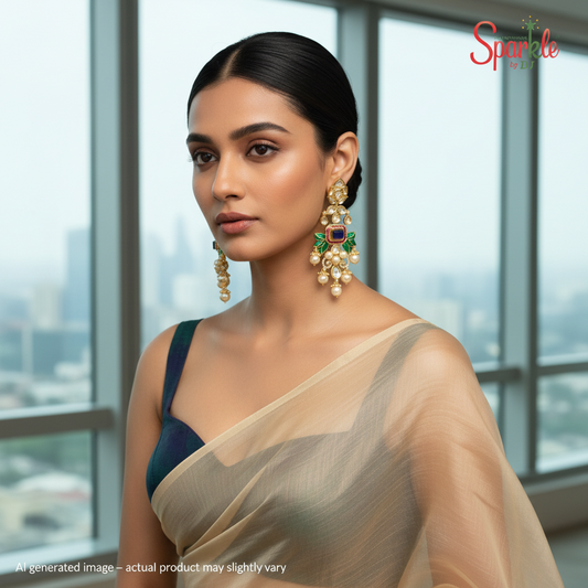 Kundan Mina leafy earrings with semiprecious stones