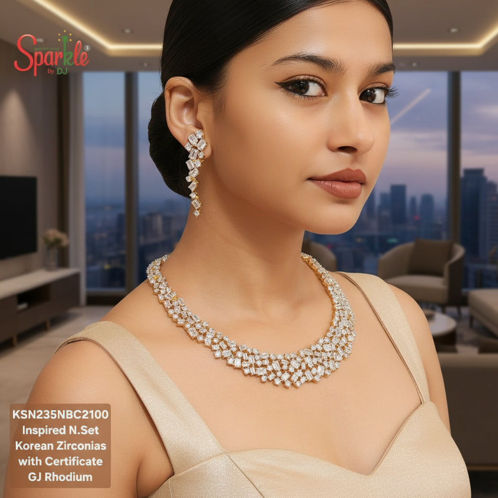Woman wearing a diamond necklace and earrings with 'Sparkle' branding.