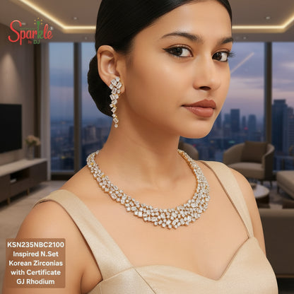 Woman wearing a diamond necklace and earrings with 'Sparkle' branding.