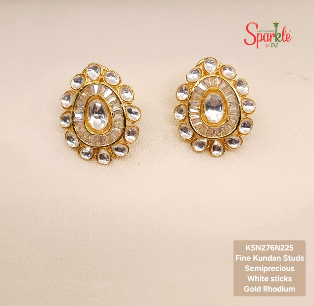 Fine Kundan Studs set with semiprecious stones in 24 carat Gold Rhodium