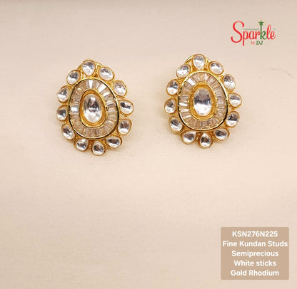 Fine Kundan Studs set with semiprecious stones in 24 carat Gold Rhodium