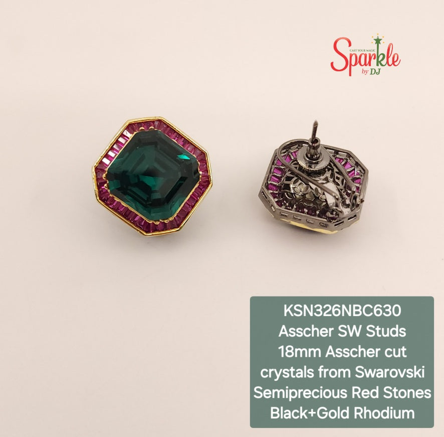 Ear studs with crystals from swarovski bordered with semiprecious red stones