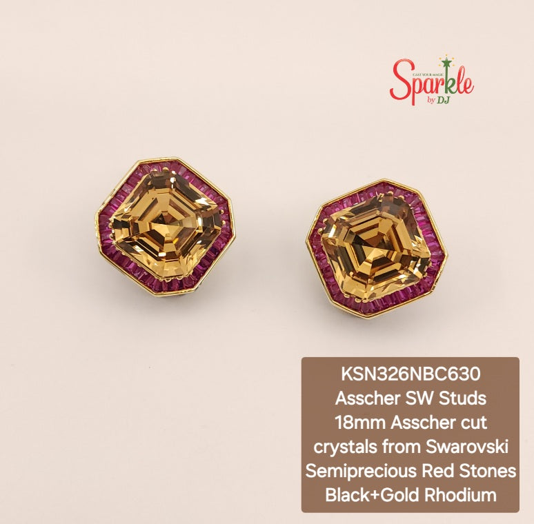 Ear studs with crystals from swarovski bordered with semiprecious red stones