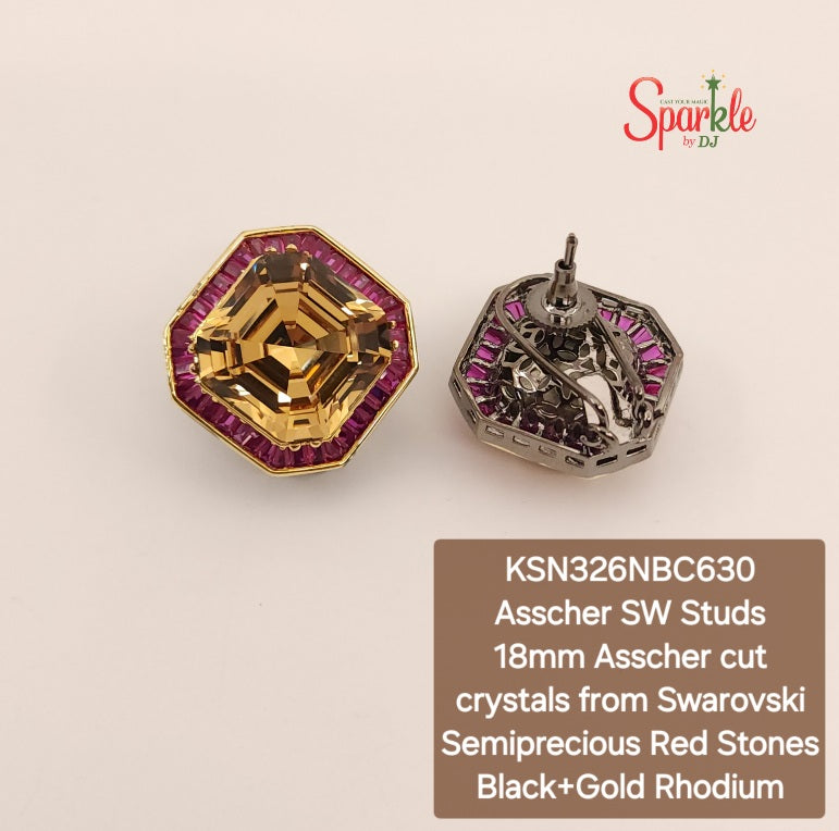 Ear studs with crystals from swarovski bordered with semiprecious red stones