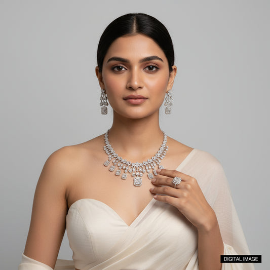 Necklace Set in nano setted cz with finger ring - SparklebyDJ