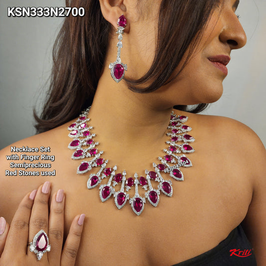 Cz Arrow Necklace with Earrings & Finger Ring embellished with Semiprecious Stones