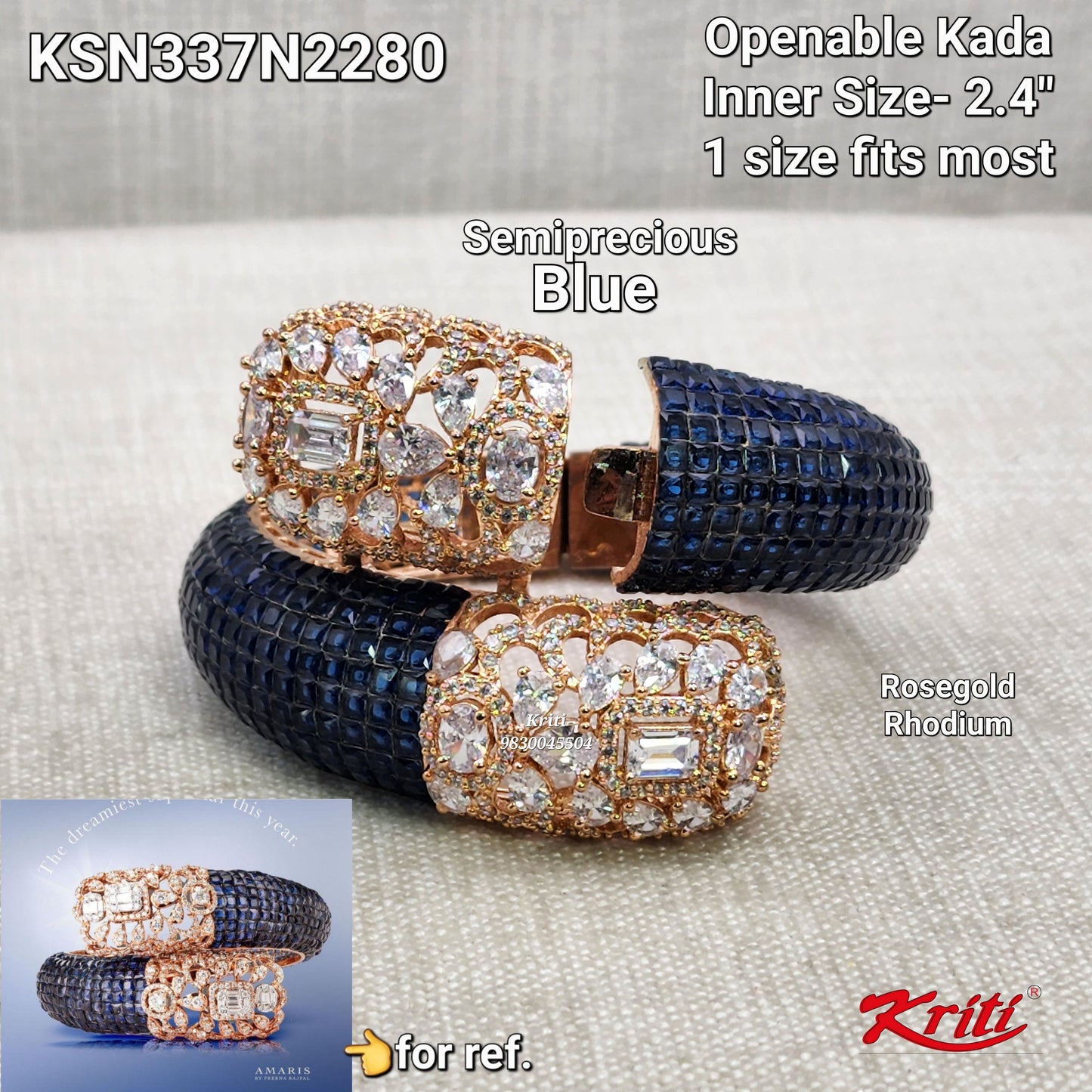 Invisible setting Openable Kada/Bracelet with Semiprecious Stones & Korean Octo Cz