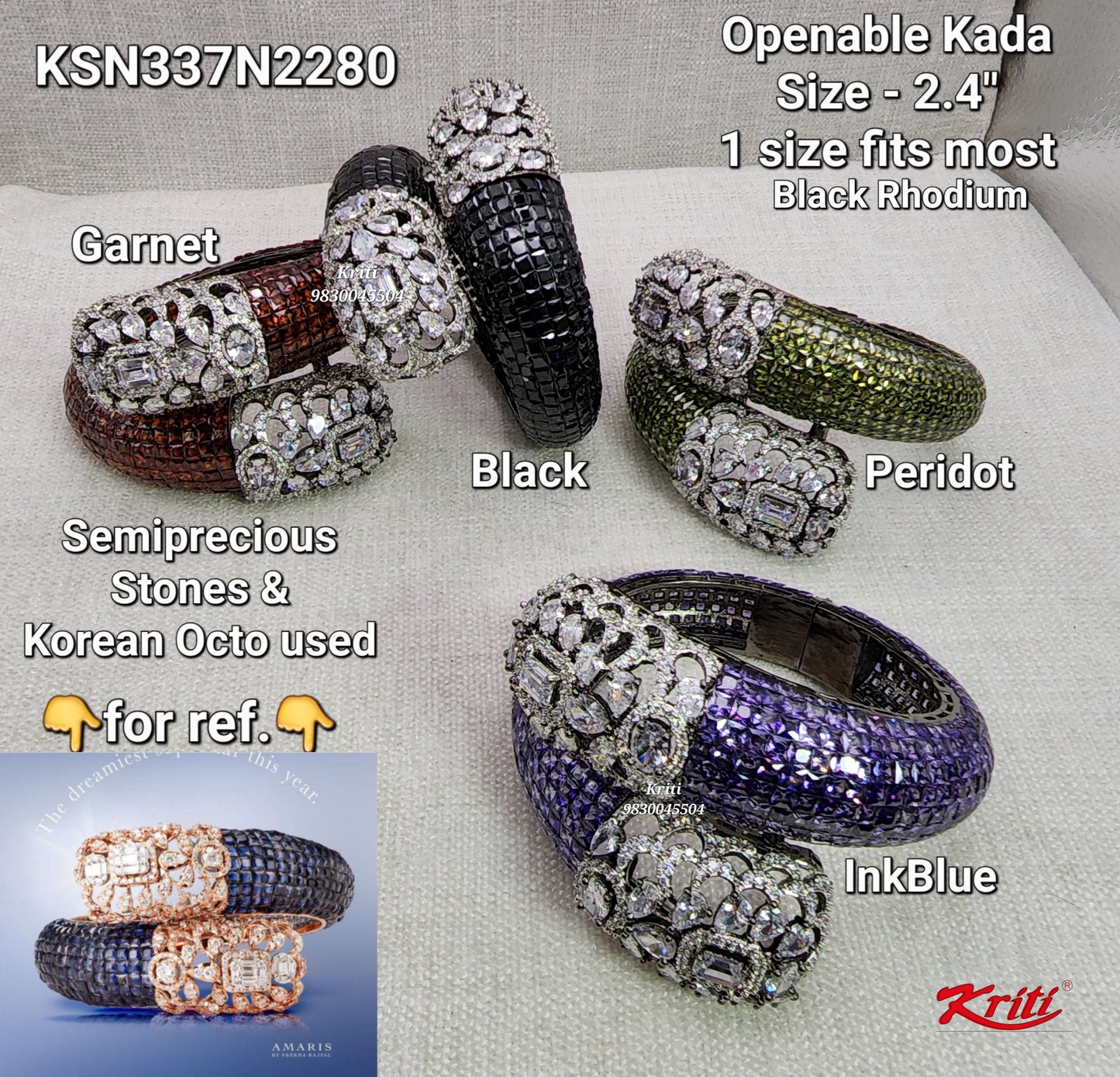 Invisible setting Openable Kada/Bracelet with Semiprecious Stones & Korean Octo Cz