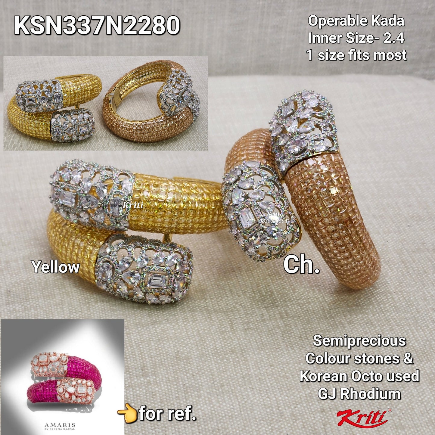 Invisible setting Openable Kada/Bracelet with Semiprecious Stones & Korean Octo Cz