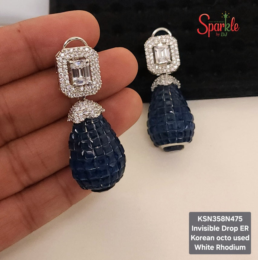 Drop Earrings with semiprecious colour stones in invisible setting & Korean Octagonal Cz