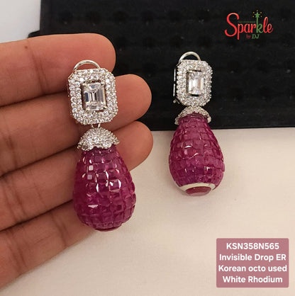 Drop Earrings with semiprecious colour stones in invisible setting & Korean Octagonal Cz