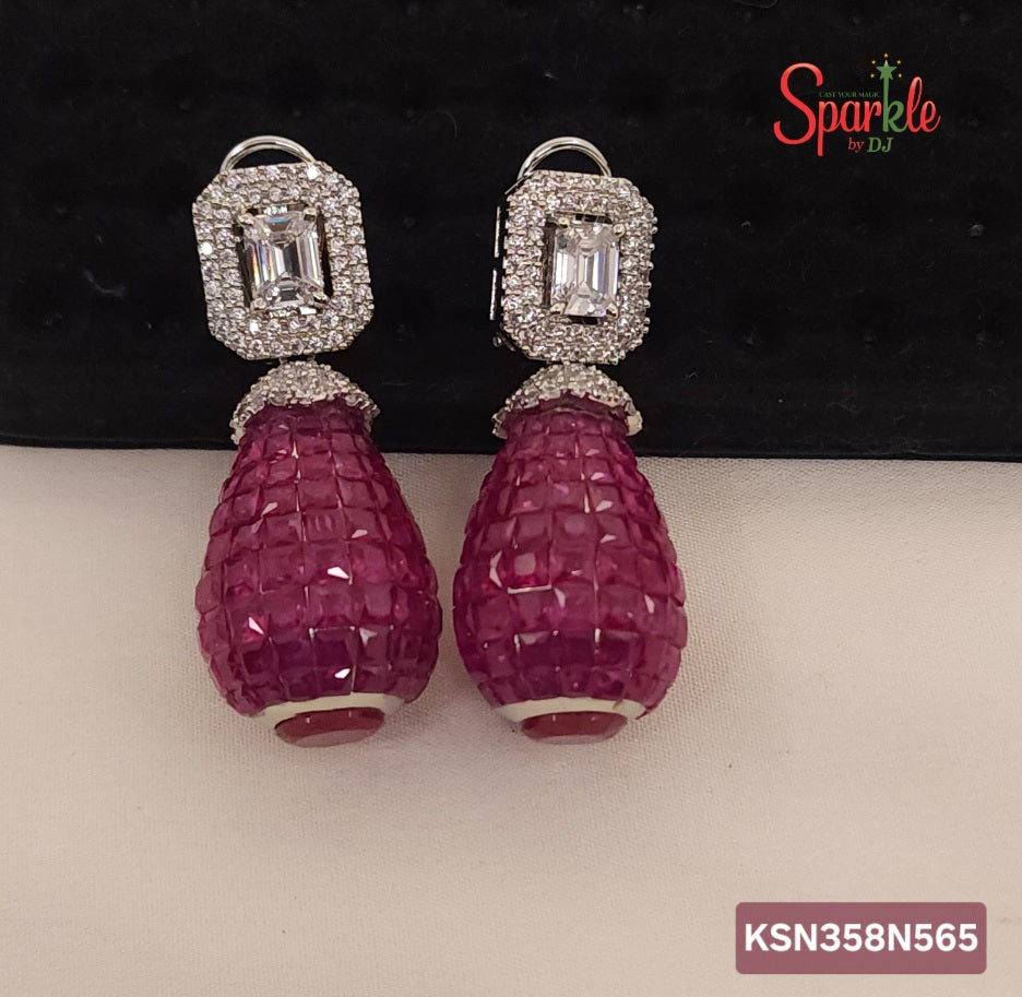 Drop Earrings with semiprecious colour stones in invisible setting & Korean Octagonal Cz