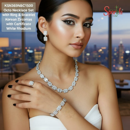 Woman wearing a necklace set with ring and bracelet, with a cityscape background