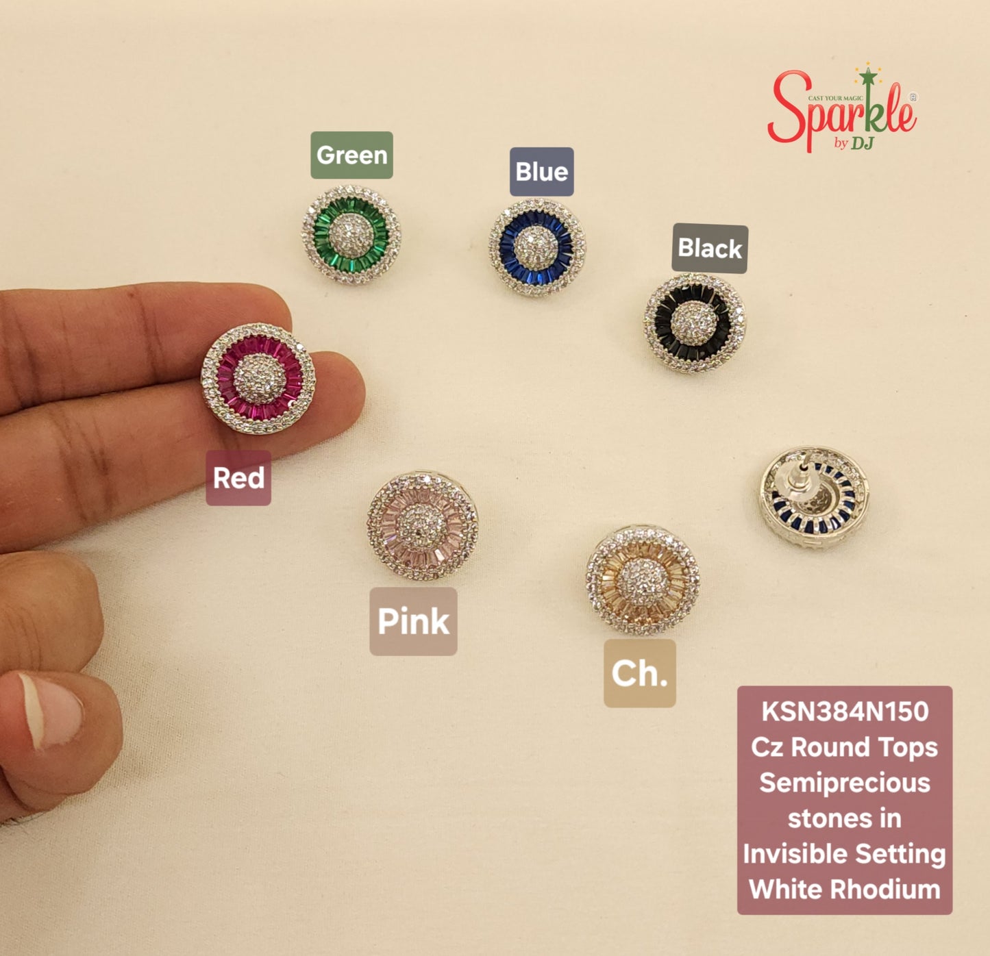 Cubic zirconia studs embellished with semiprecious stones in Invisible Setting