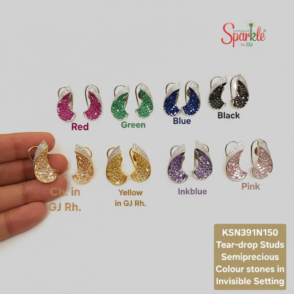 Tear-drop stud earrings in various colors with a hand for scale on a beige background.