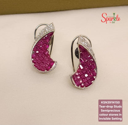 C Shape studs with semiprecious stones in Invisible Setting