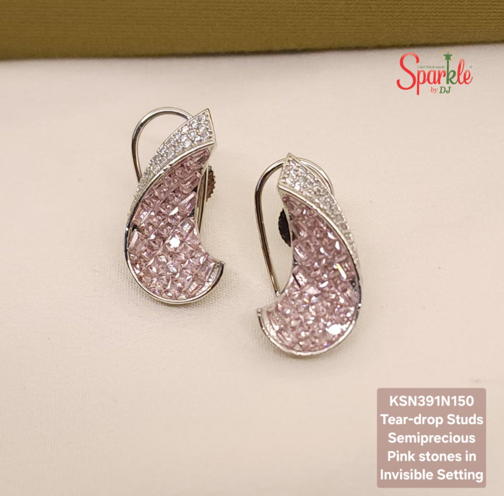 C Shape studs with semiprecious stones in Invisible Setting