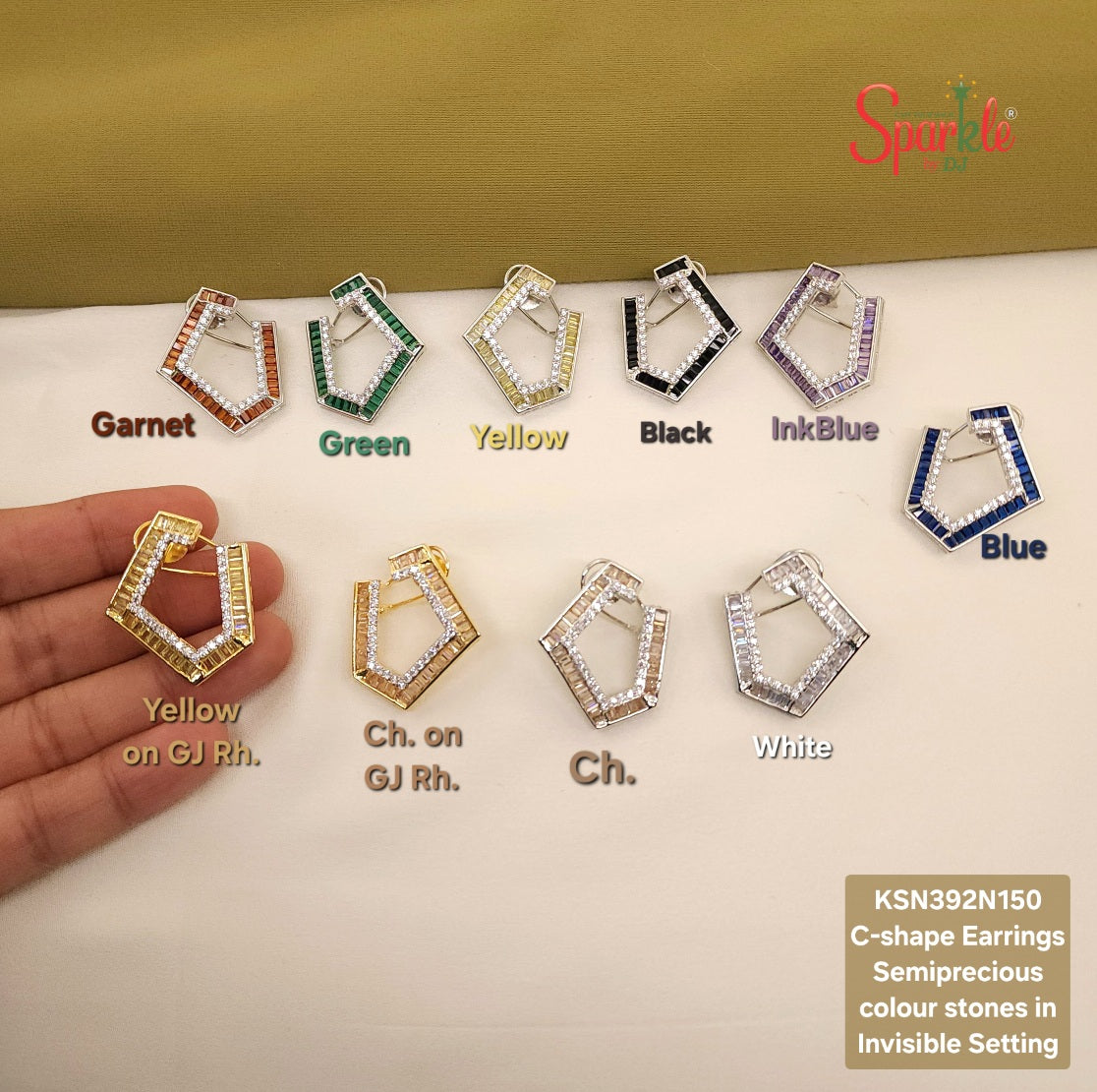 C shape Earrings with semiprecious stones in Invisible Setting