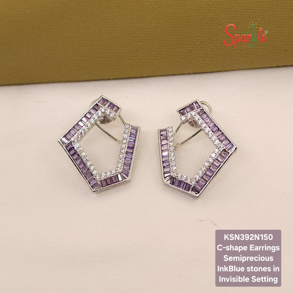 C shape Earrings with semiprecious stones in Invisible Setting