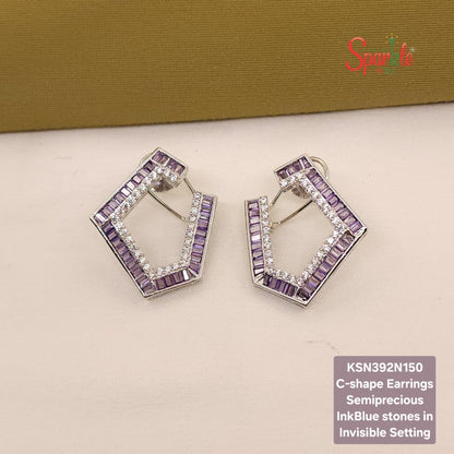 C shape Earrings with semiprecious stones in Invisible Setting