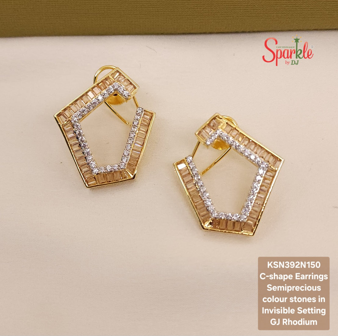 C shape Earrings with semiprecious stones in Invisible Setting