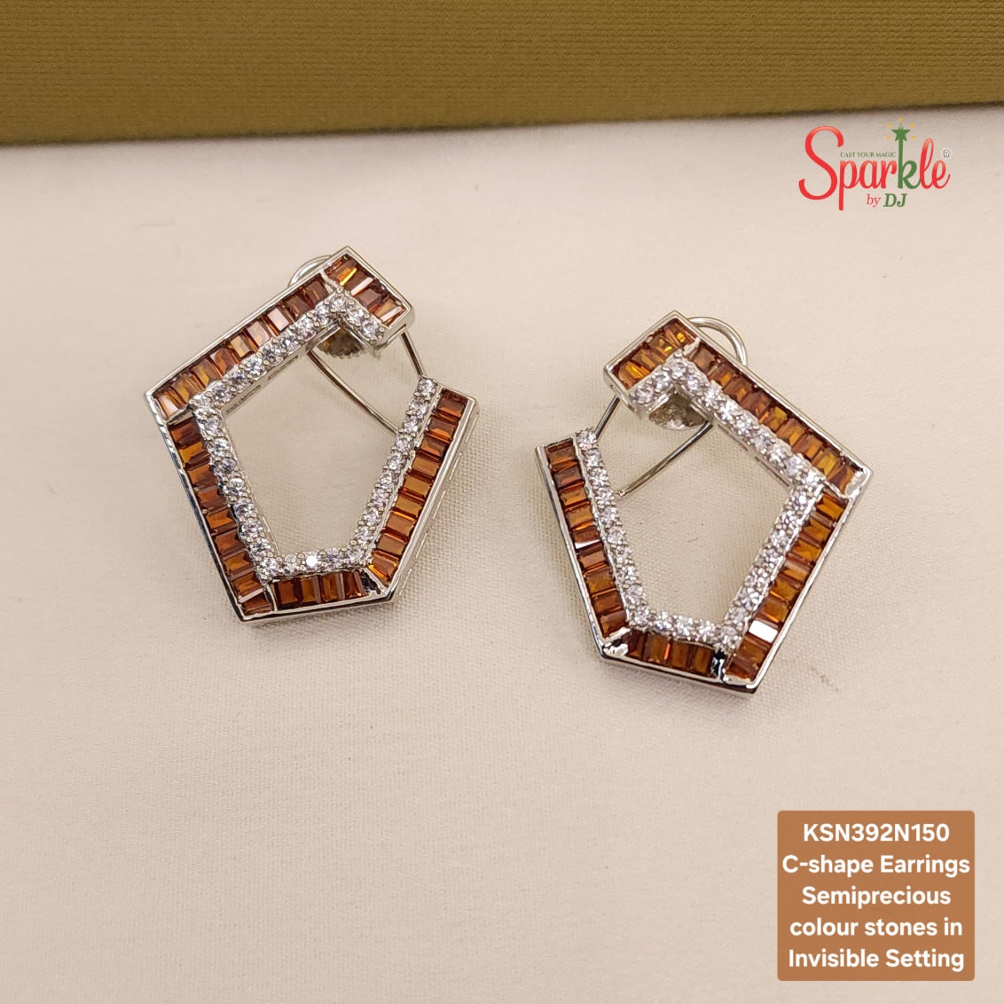 C shape Earrings with semiprecious stones in Invisible Setting