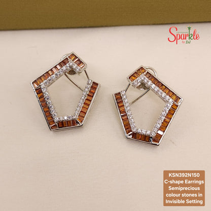C shape Earrings with semiprecious stones in Invisible Setting