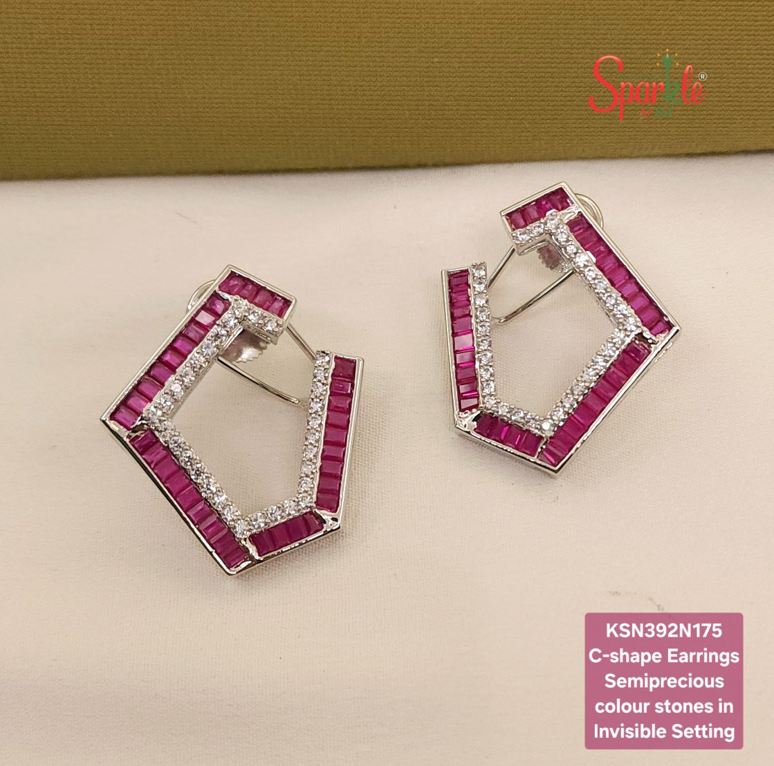 C shape Earrings with semiprecious stones in Invisible Setting