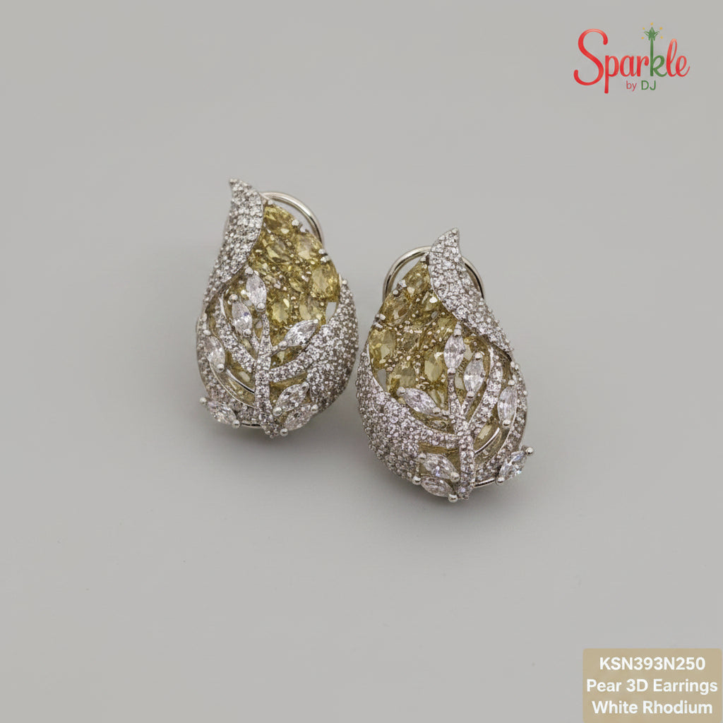 Pear-shaped earrings with white rhodium plating on a beige background, branded 'Sparkle by DJ'.