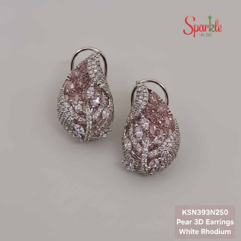 Pear-shaped pink earrings with pink gemstones and white rhodium on a beige surface, branded 'SparklebyDJ'.