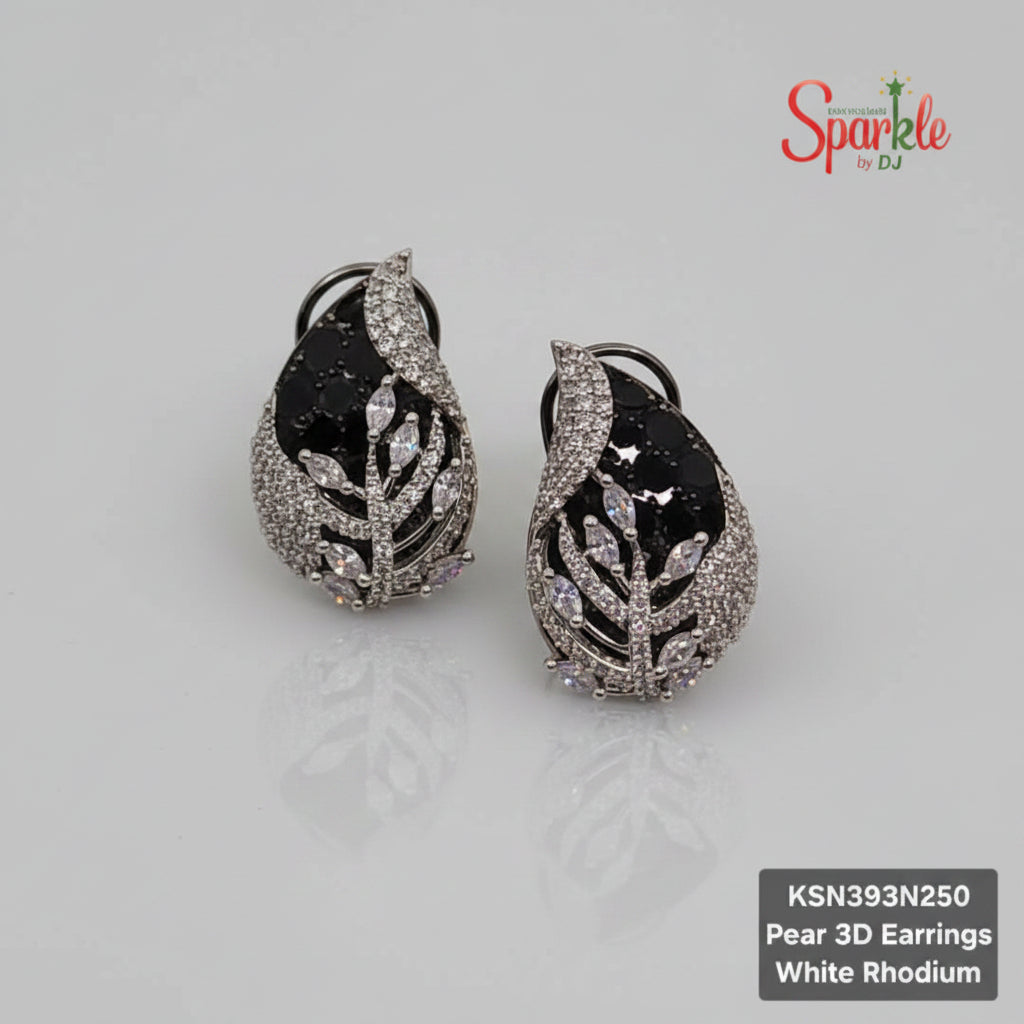 Pear 3D black earrings with black and silver design on a beige background, branded 'SparklebyDJ'.