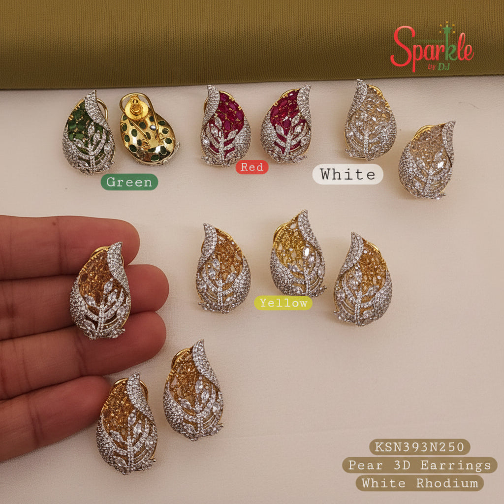 Set of pear-shaped earrings in various colors with a hand for scale on a white background.