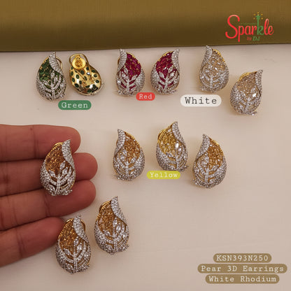 Set of pear-shaped earrings in various colors with a hand for scale on a white background.