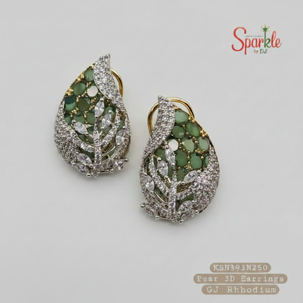 Pear-shaped earrings with green and white stones on a beige background, branded 'Sparkle by DJ'.